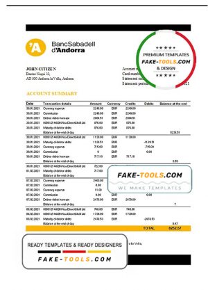 Andorra BancSabadell d'Andorra bank statement template in Excel and PDF format