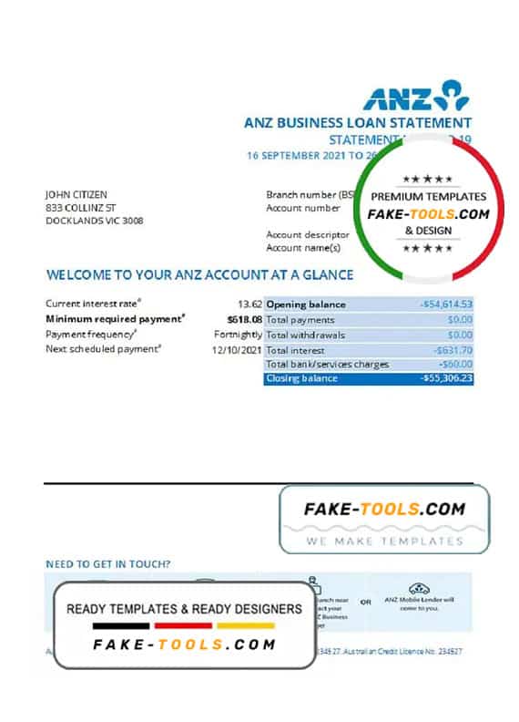 Australia ANZ proof of address bank statement template in .xls and .pdf format, fully editable Australia ANZ proof of address bank statement template in .xls and .pdf format, fully editable