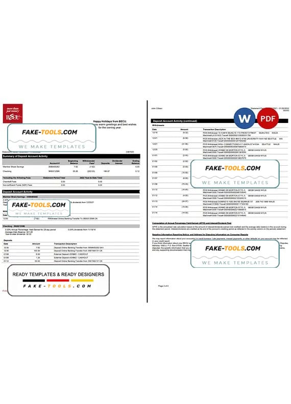 Australia BECU bank statement Word and PDF template, 2 pages Australia BECU bank statement Word and PDF template, 2 pages