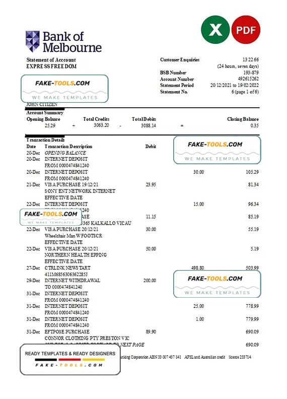 Australia Bank of Melbourne bank statement easy to fill template in Excel and PDF format Australia Bank of Melbourne bank statement easy to fill template in Excel and PDF format