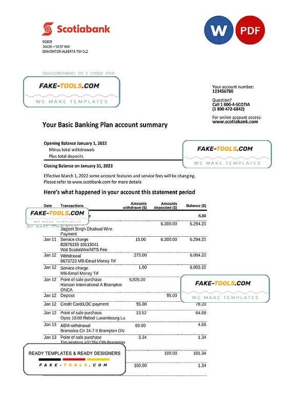 Australia Scotiabank bank statement, Word and PDF template, 2 pages Australia Scotiabank bank statement, Word and PDF template, 2 pages