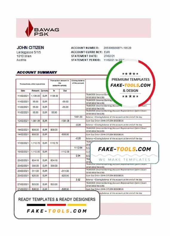 Austria BAWAG PSK bank statement easy to fill template in Excel and PDF format Austria BAWAG PSK bank statement easy to fill template in Excel and PDF format