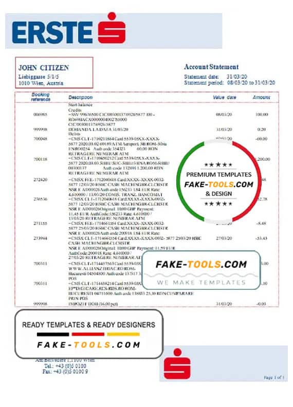 Austria Erste Group bank statement template in Word and PDf format Austria Erste Group bank statement template in Word and PDf format