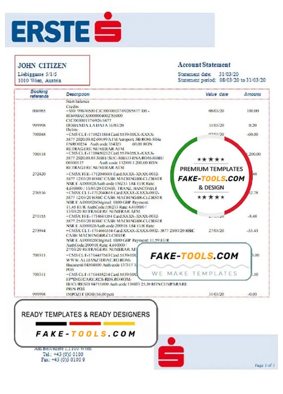 Austria Erste Group bank statement template in Word and PDf format Austria Erste Group bank statement template in Word and PDf format