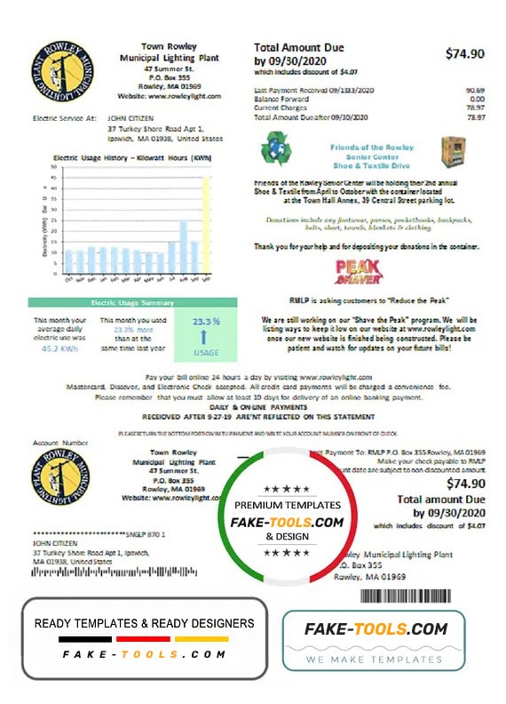 USA Massachusetts Town of Rowley Municipal Lighting Plant electricity utility bill template in Word and PDF format USA Massachusetts Town of Rowley Municipal Lighting Plant electricity utility bill template in Word and PDF format