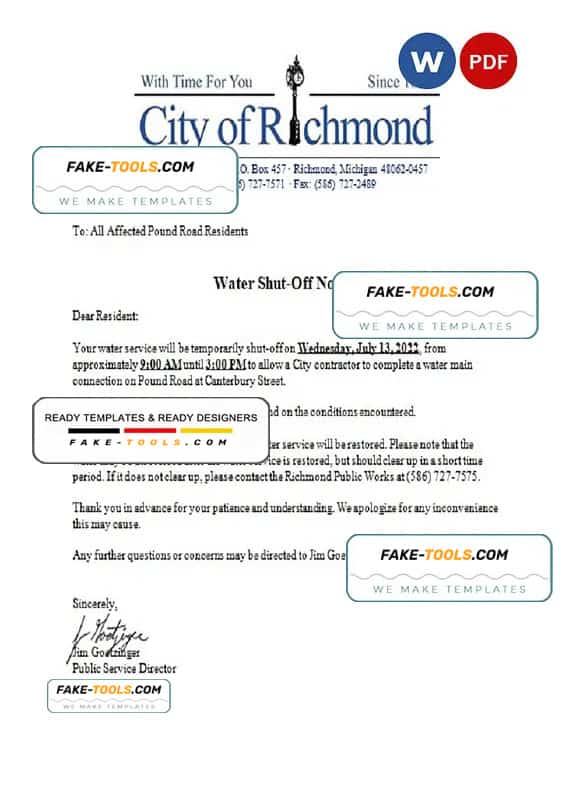 USA Michigan City of Richmond water utility bill shut off notice, Word and PDF template USA Michigan City of Richmond water utility bill shut off notice, Word and PDF template