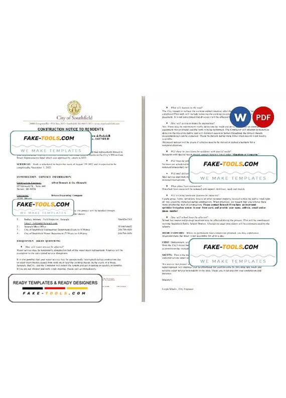 USA Michigan City of Southfield utility water and construction shut off notice, Word and PDF template, 3 pages USA Michigan City of Southfield utility water and construction shut off notice, Word and PDF template, 3 pages