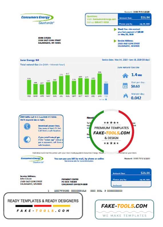 USA Michigan Consumers Energy utility bill template in Word and PDF format USA Michigan Consumers Energy utility bill template in Word and PDF format