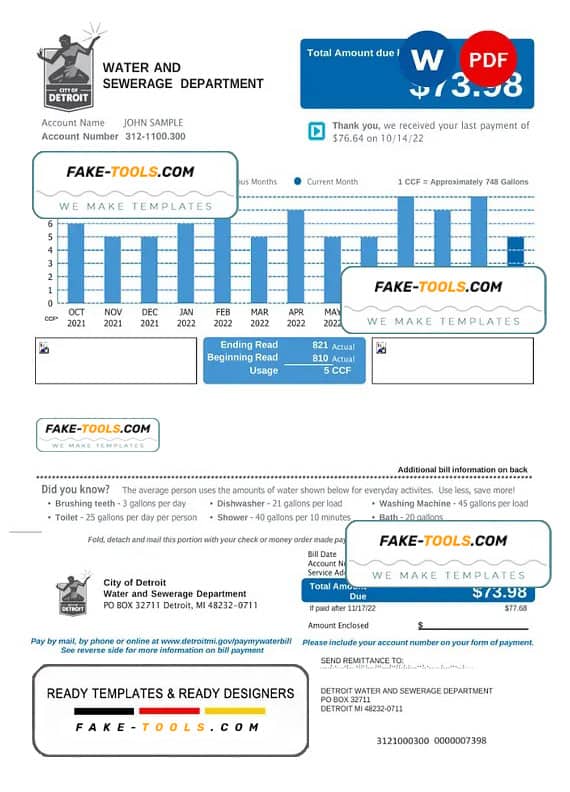 USA Michigan Water and Sewerage Department utility bill, Word and PDF template, 2 pages USA Michigan Water and Sewerage Department utility bill, Word and PDF template, 2 pages