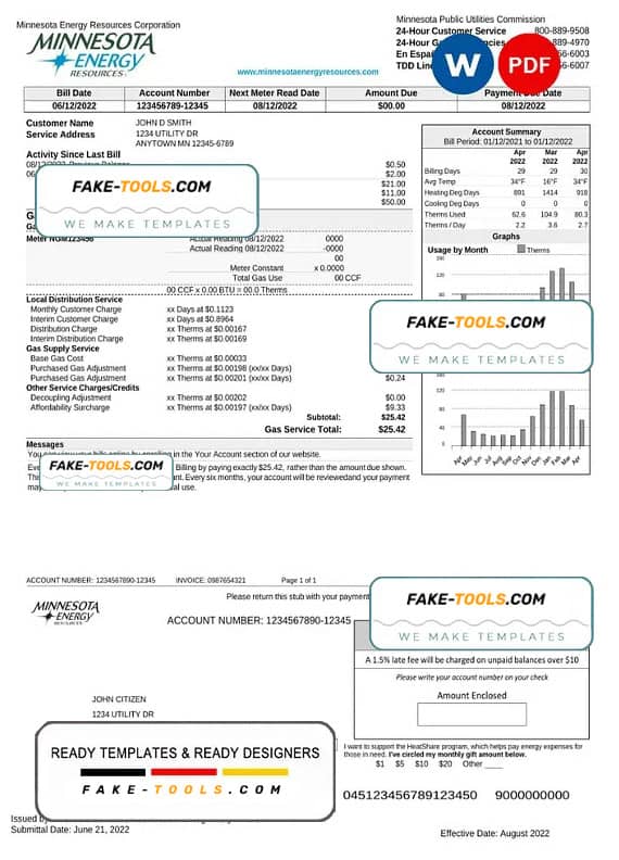 USA Minnesota Energy utility bill, Word and PDF template, 2 pages USA Minnesota Energy utility bill, Word and PDF template, 2 pages