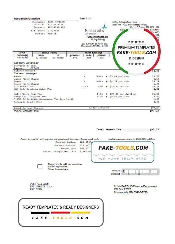 USA Minnesota Minneapolis City of Lakes utility bill template in Word and PDF format USA Minnesota Minneapolis City of Lakes utility bill template in Word and PDF format