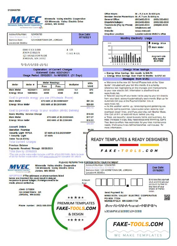 USA Minnesota Valley Electric Cooperative (MVEC) utility bill template in Word and PDF format USA Minnesota Valley Electric Cooperative (MVEC) utility bill template in Word and PDF format