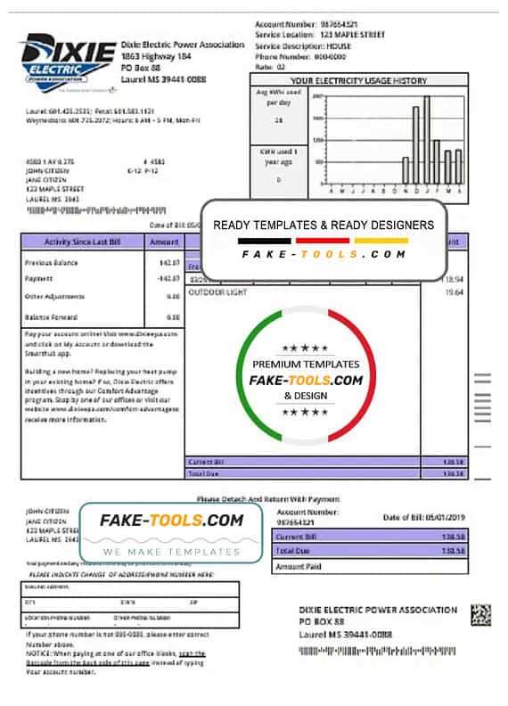 USA Mississipi Dixie Electric utility bill template in Word and PDF format USA Mississipi Dixie Electric utility bill template in Word and PDF format