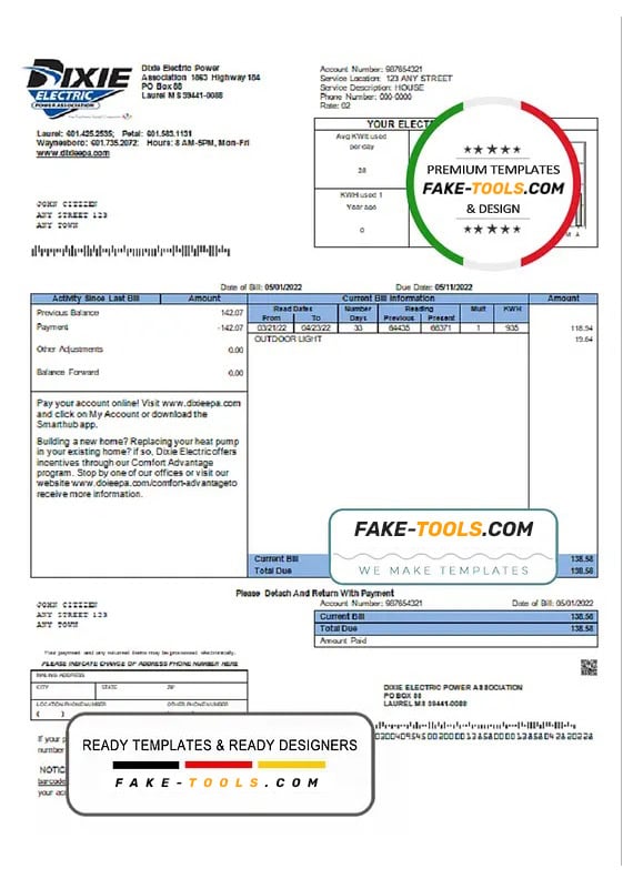USA Mississippi Dixie Electric utility bill template in Word and PDF format USA Mississippi Dixie Electric utility bill template in Word and PDF format