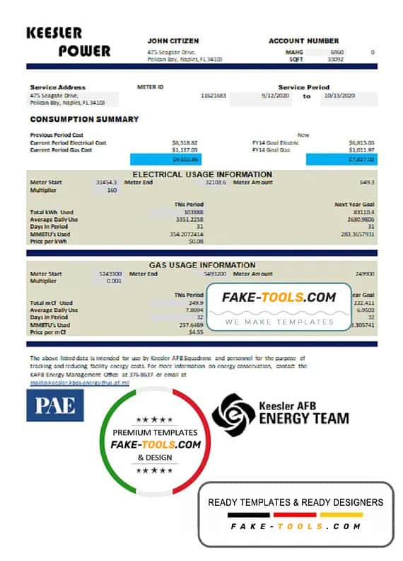 USA Mississippi Keesler AFB Energy utility bill template in Word and PDF format USA Mississippi Keesler AFB Energy utility bill template in Word and PDF format