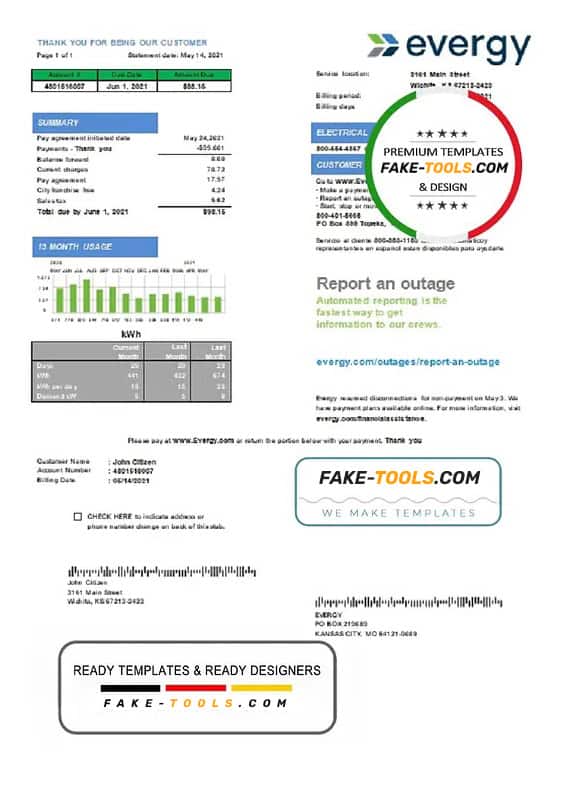 USA Missouri Evergy electricity utility bill template in .doc and .pdf format USA Missouri Evergy electricity utility bill template in .doc and .pdf format