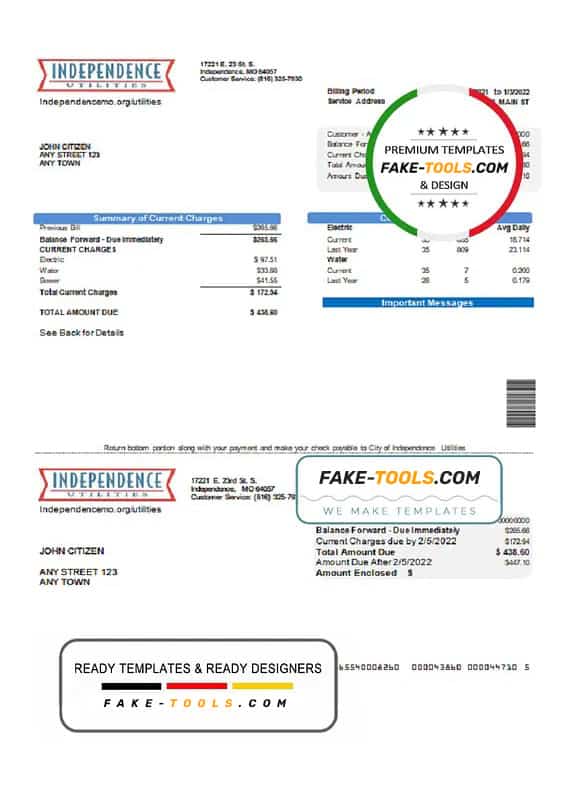 USA Missouri Independence Utilities utility bill template in Word and PDF format USA Missouri Independence Utilities utility bill template in Word and PDF format