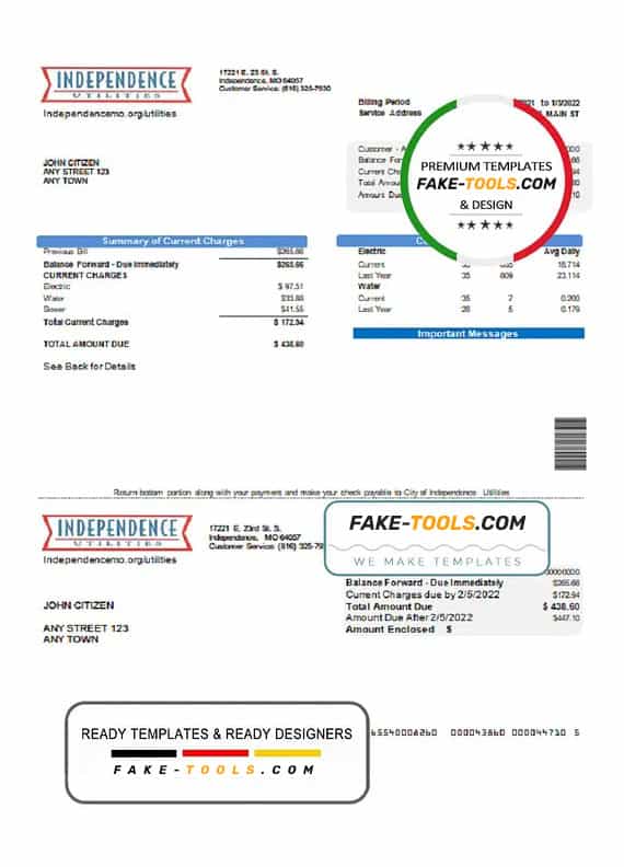 USA Missouri Independence Utilities utility bill template in Word and PDF format, version 2 USA Missouri Independence Utilities utility bill template in Word and PDF format, version 2