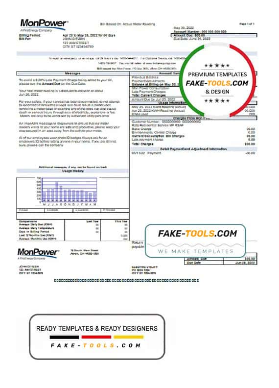 USA Mon Power utility bill template in Word and PDF format USA Mon Power utility bill template in Word and PDF format