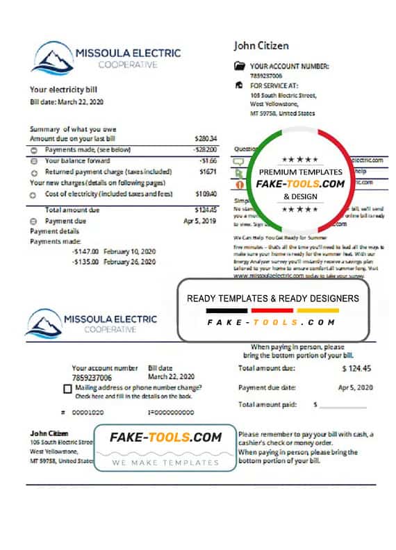 USA Montana Missoula Electric Cooperative electricity utility bill template in Word and PDF format USA Montana Missoula Electric Cooperative electricity utility bill template in Word and PDF format