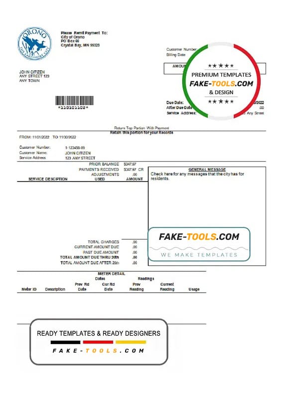 USA Nevada Orono The Lakehore City utility bill template in Word and PDF format USA Nevada Orono The Lakehore City utility bill template in Word and PDF format