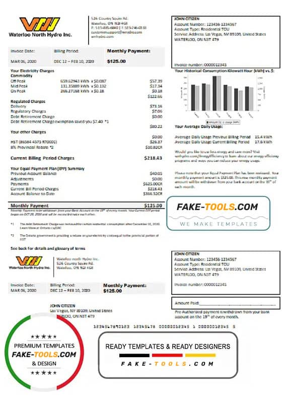 USA Nevada Waterloo North Hydro utility bill template in Word format USA Nevada Waterloo North Hydro utility bill template in Word format