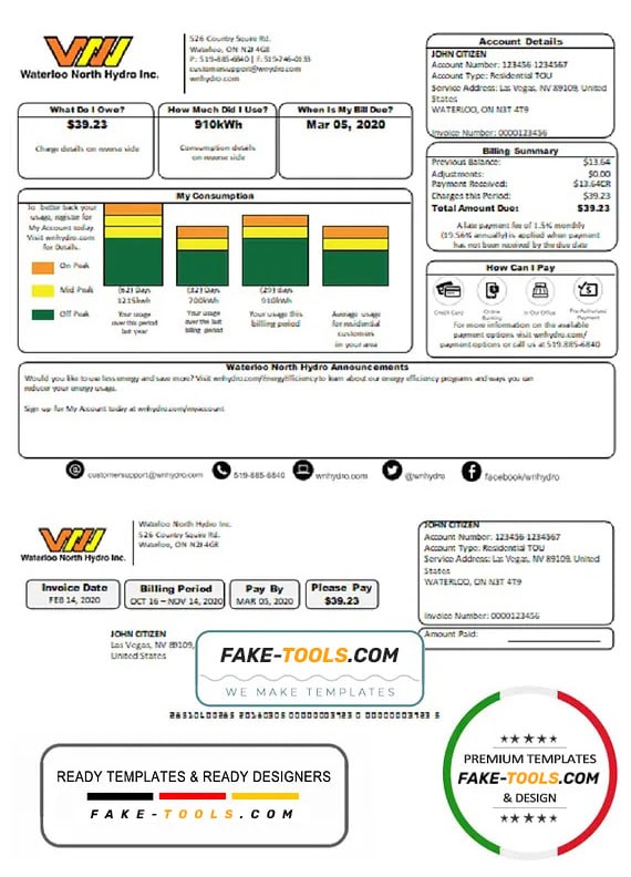 USA Nevada Waterloo North Hydro utility bill template in Word and PDF format (version 2) USA Nevada Waterloo North Hydro utility bill template in Word and PDF format (version 2)