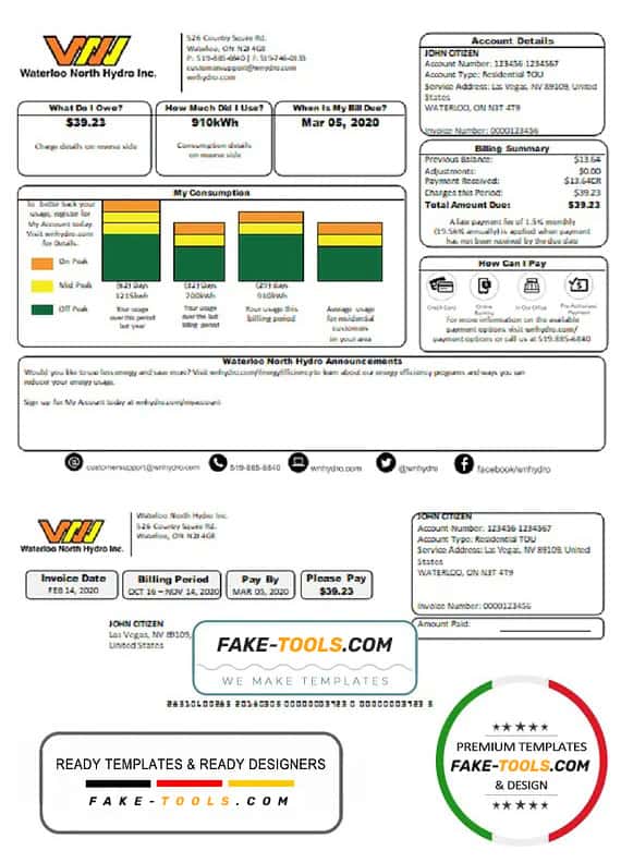 USA Nevada Waterloo North Hydro utility bill template in Word and PDF format (version 2) USA Nevada Waterloo North Hydro utility bill template in Word and PDF format (version 2)