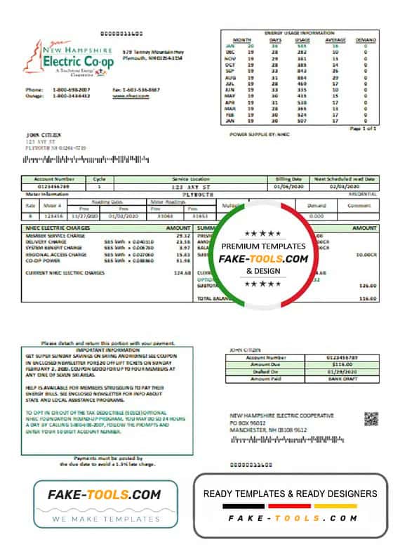 USA New Hampshire Electric Co-op electricity utility bill template in Word and PDF format USA New Hampshire Electric Co-op electricity utility bill template in Word and PDF format
