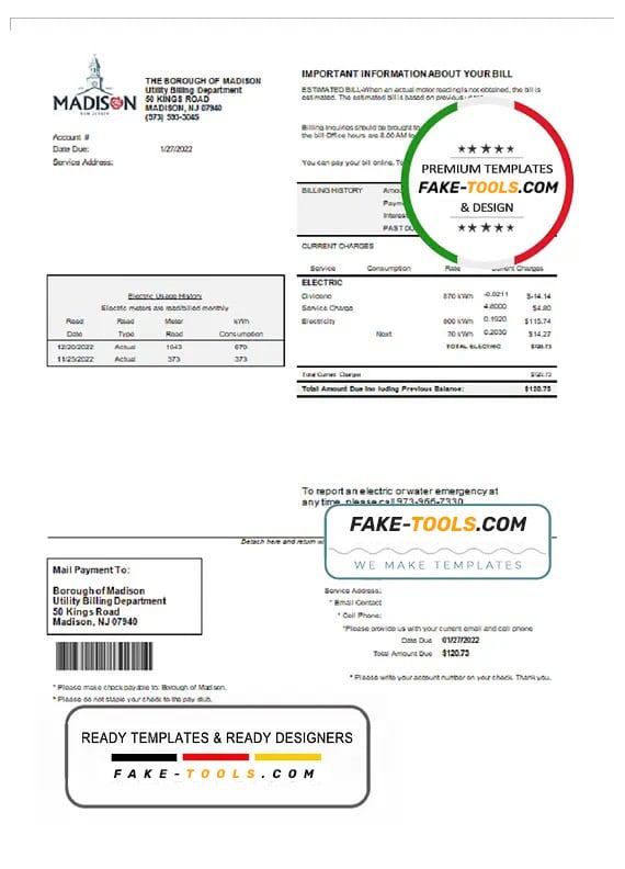 USA New Jersey The Borough of Madison utility bill template in Word and PDF format USA New Jersey The Borough of Madison utility bill template in Word and PDF format