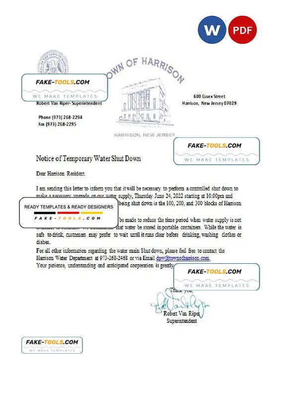 USA New Jersey Town of Harrison utility water shut off notice, Word and PDF template USA New Jersey Town of Harrison utility water shut off notice, Word and PDF template