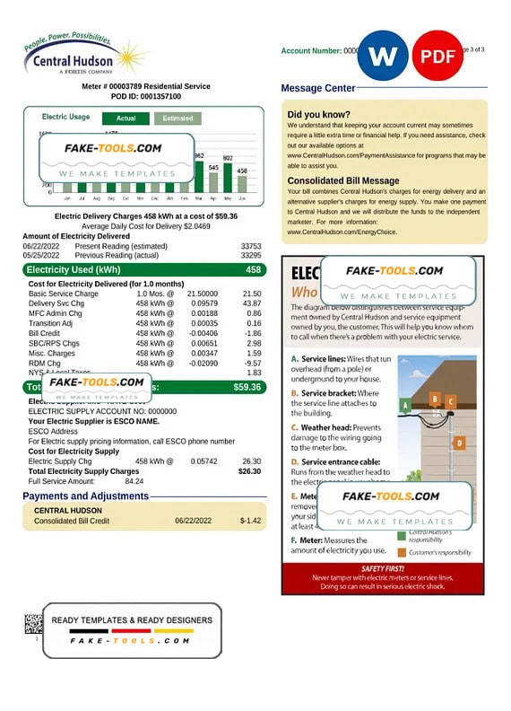 USA New York Central Hudson A fortis company utility bill, Word and PDF template, 2 pages USA New York Central Hudson A fortis company utility bill, Word and PDF template, 2 pages