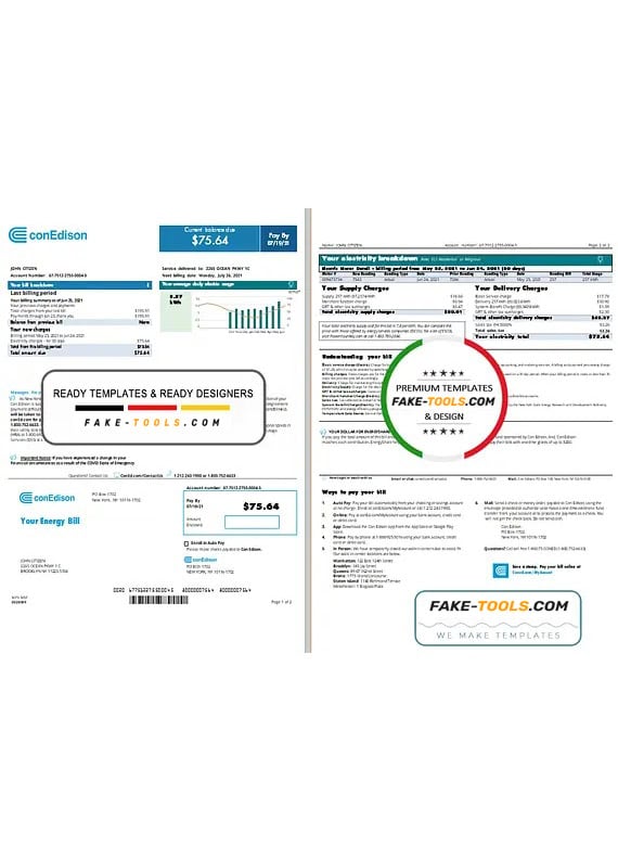 USA New York Con Edison utility bill template in PSD format, 2 pages (2021 April – present) USA New York Con Edison utility bill template in PSD format, 2 pages (2021 April – present)