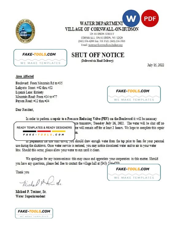 USA New York Cornwall-on-Hudson water utility bill shut off notice, Word and PDF template USA New York Cornwall-on-Hudson water utility bill shut off notice, Word and PDF template