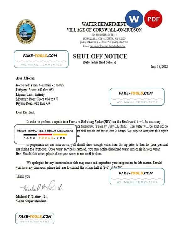 USA New York Cornwall-on-Hudson water utility bill shut off notice, Word and PDF template USA New York Cornwall-on-Hudson water utility bill shut off notice, Word and PDF template