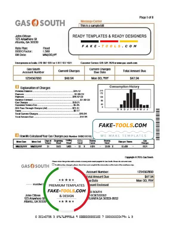 USA New York Gas South utility bill template in Word and PDF format USA New York Gas South utility bill template in Word and PDF format