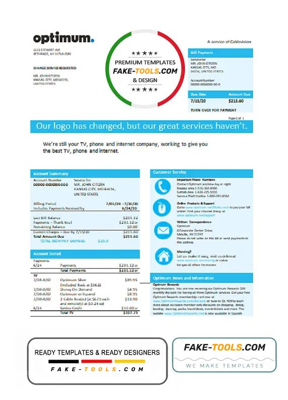 USA New York Optimum cablevision bill template in Word and PDF format USA New York Optimum cablevision bill template in Word and PDF format