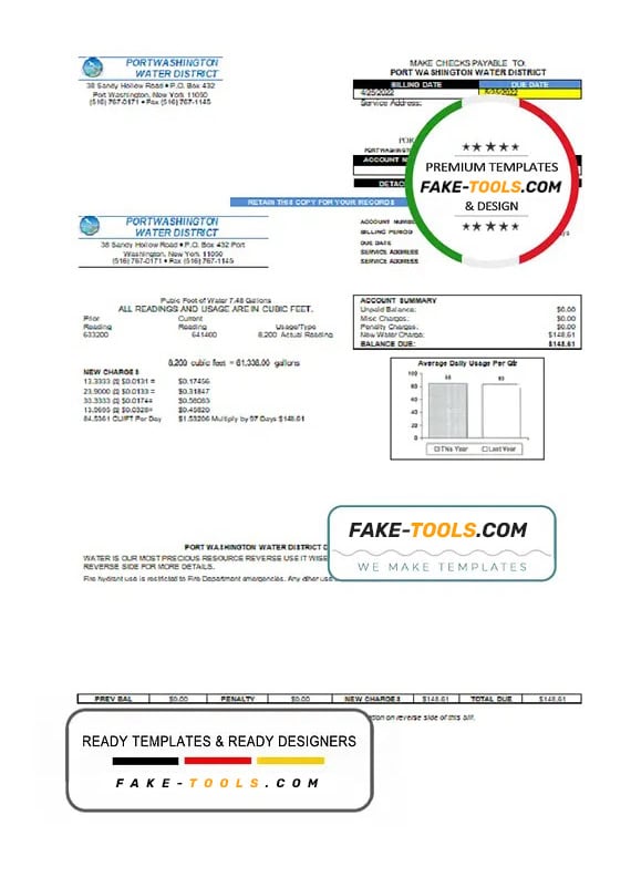 USA New York Port Washington Water District utility bill template in Word and PDF format USA New York Port Washington Water District utility bill template in Word and PDF format