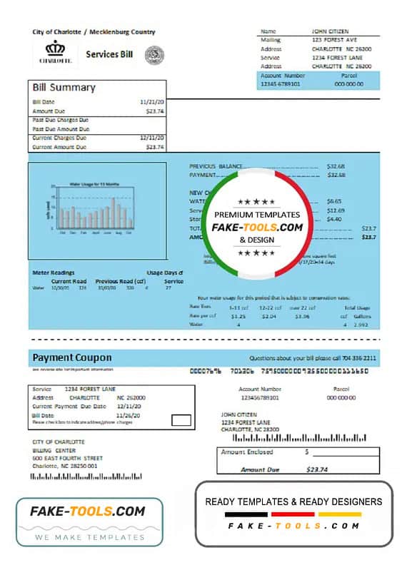 USA North Carolina City of Charlotte water utility bill template in Word and PDF format USA North Carolina City of Charlotte water utility bill template in Word and PDF format