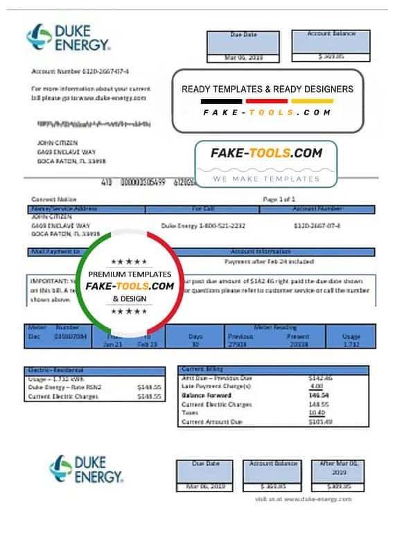 USA North Carolina Duke Energy utility bill template in Word and PDF format USA North Carolina Duke Energy utility bill template in Word and PDF format