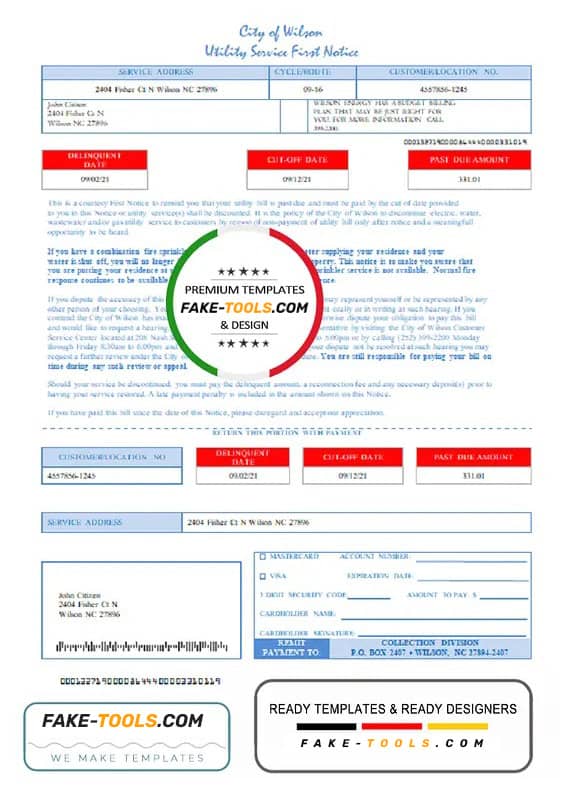 USA North Carolina City of Wilson utility bill template in Word and PDF format USA North Carolina City of Wilson utility bill template in Word and PDF format