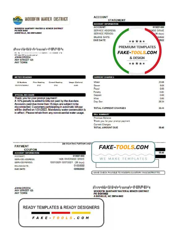 USA North Carolina Woodfin Sanitary Water & Sewer District utility bill template in Word and PDF format USA North Carolina Woodfin Sanitary Water & Sewer District utility bill template in Word and PDF format