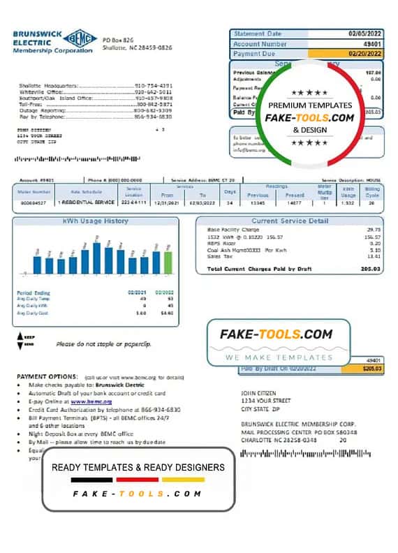 USA North Carolina Brunswick Electric utility bill template in Word and PDF format USA North Carolina Brunswick Electric utility bill template in Word and PDF format