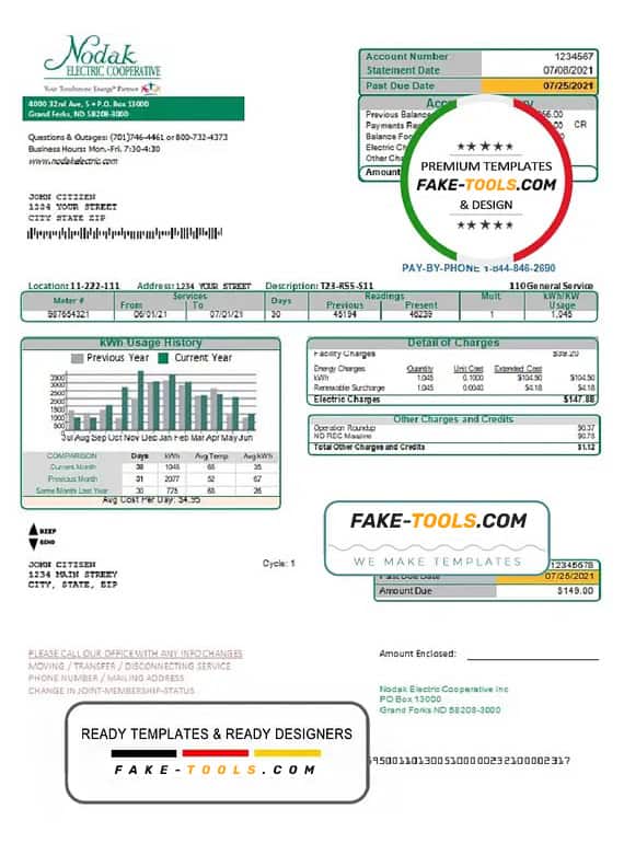 USA North Dakota Nodak Electric Cooperative utility bill template in Word and PDF format USA North Dakota Nodak Electric Cooperative utility bill template in Word and PDF format