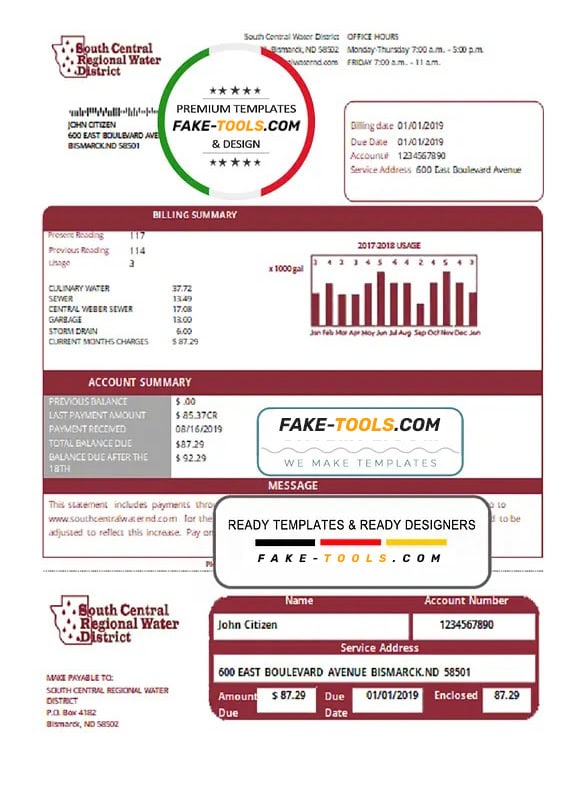 USA North Dakota South Central Regional Water District utility bill template in Word and PDF format USA North Dakota South Central Regional Water District utility bill template in Word and PDF format
