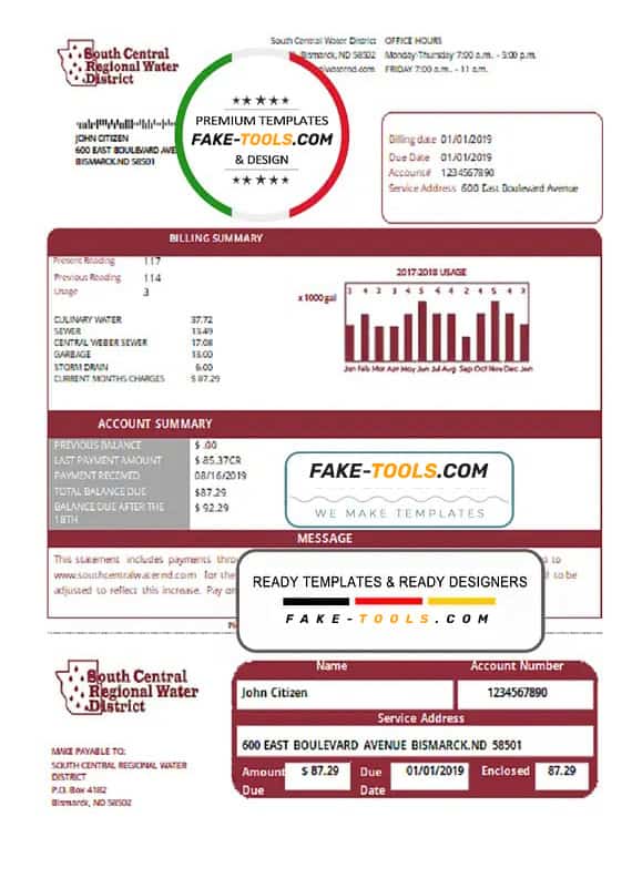 USA North Dakota South Central Regional Water District utility bill template in Word and PDF format USA North Dakota South Central Regional Water District utility bill template in Word and PDF format
