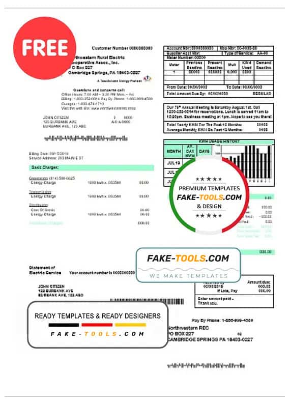 USA Northwestern Rural Electric utility bill template, fully editable in Word and PDF format USA Northwestern Rural Electric utility bill template, fully editable in Word and PDF format