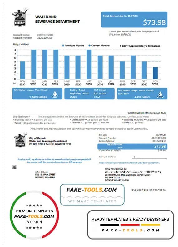 USA Ohio City of Detroit water utility bill template in Word and PDF format USA Ohio City of Detroit water utility bill template in Word and PDF format