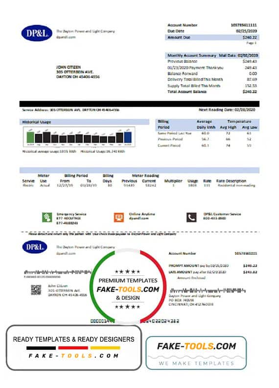 USA Ohio DP&L utility bill template in Word and PDF format USA Ohio DP&L utility bill template in Word and PDF format