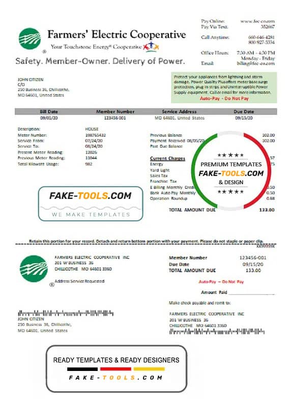 USA Ohio Farmer’s Electric Cooperative utility bill template in Word an PDF format USA Ohio Farmer’s Electric Cooperative utility bill template in Word an PDF format